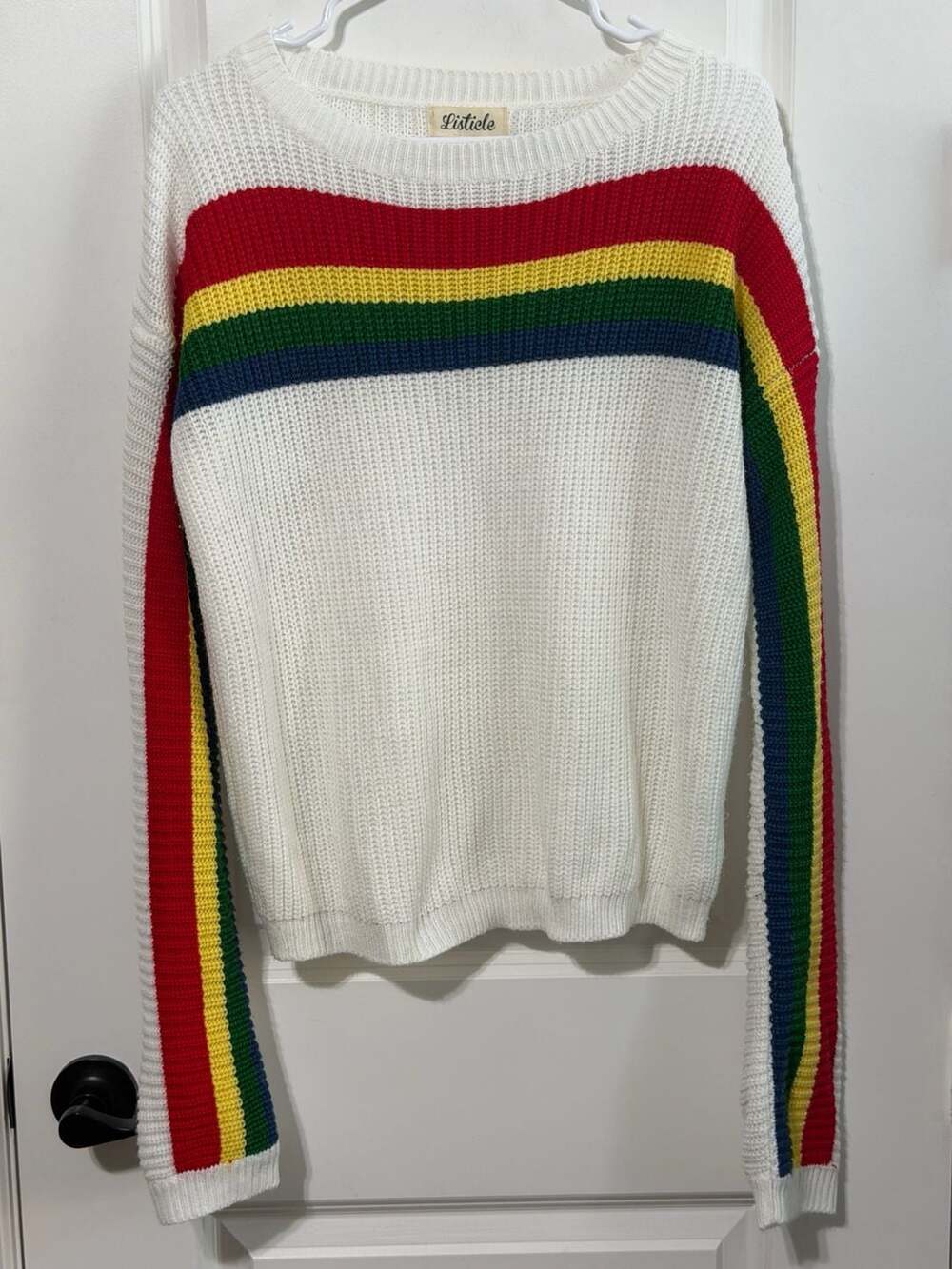 Listicle White Rainbow Striped Ribbed Knit Sweater Size S